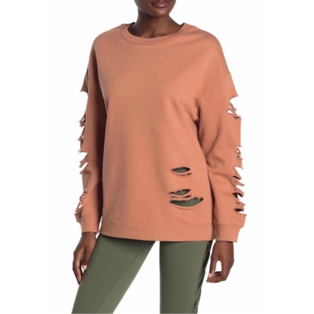 ALO Yoga Fade Distressed Pullover Crewneck Sweatshirt Womens Small Tan